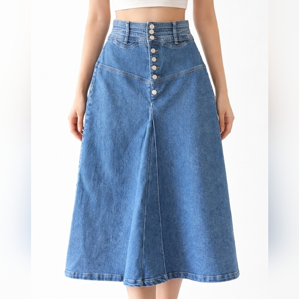 NA-KD Women's Skirt Blue Size EU 40 Midi Cotton Jeans A-line Casual Bohemian